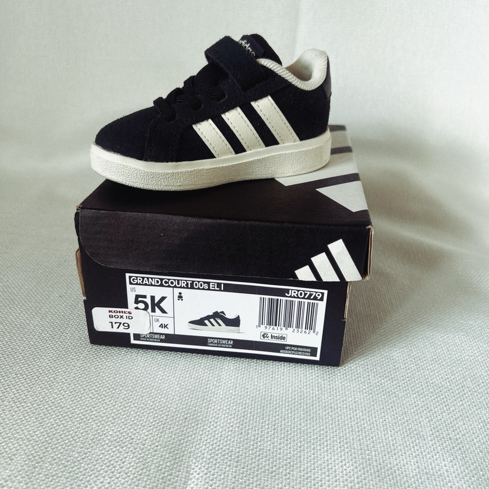 adidas Kids Black & White Velcro Grand Court Sneaker